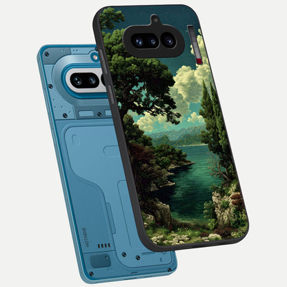  Celestial Lake Peace phone case For Nothing Phone 4A showing premium glass back cover with detailed artwork