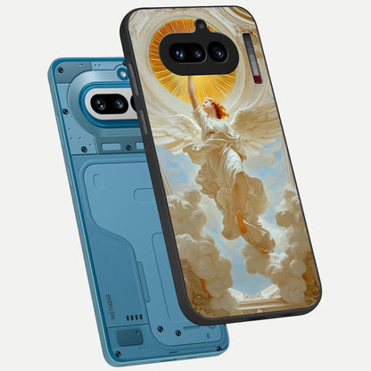  Divine Light Angel phone case For Nothing Phone 4A showing premium glass back cover with detailed artwork