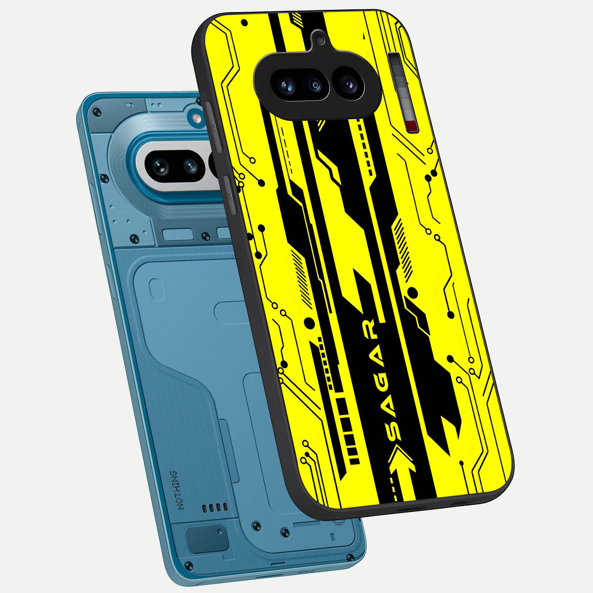  Electric Pulse CYBERPUNK Custom Name phone case For Nothing Phone 4A showing premium glass back cover with detailed artwork