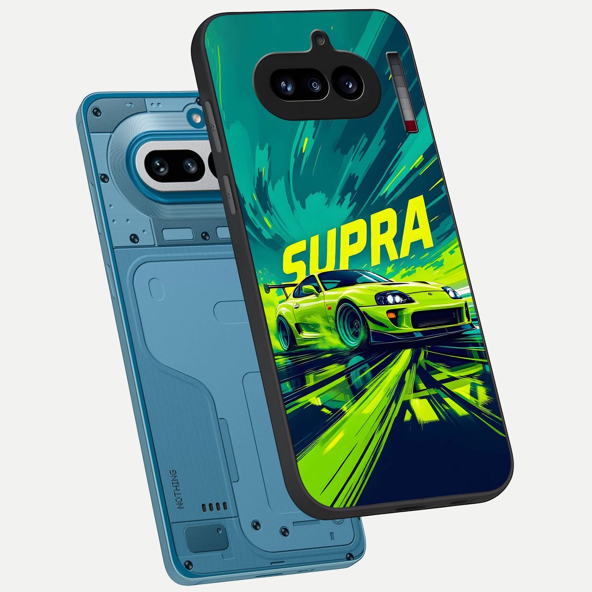  Electric Supra Thunder phone case For Nothing Phone 4A showing premium glass back cover with detailed artwork