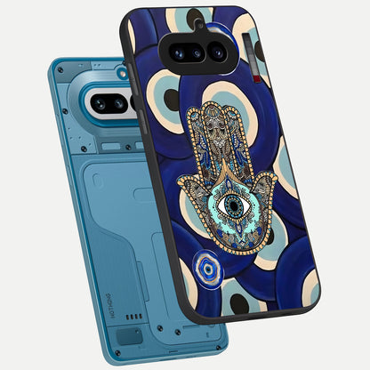  Hamsa Divine Guard phone case For Nothing Phone 4A showing premium glass back cover with detailed artwork