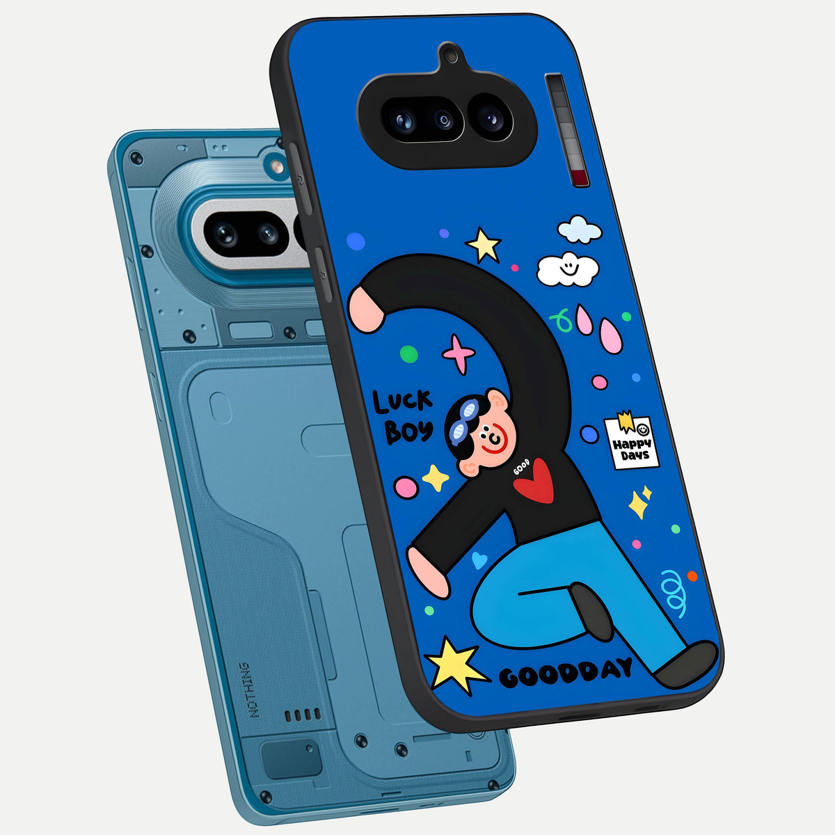  Happy Luck Vibe phone case For Nothing Phone 4A showing premium glass back cover with detailed artwork