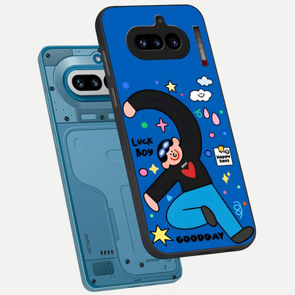  Happy Luck Vibe phone case For Nothing Phone 4A showing premium glass back cover with detailed artwork