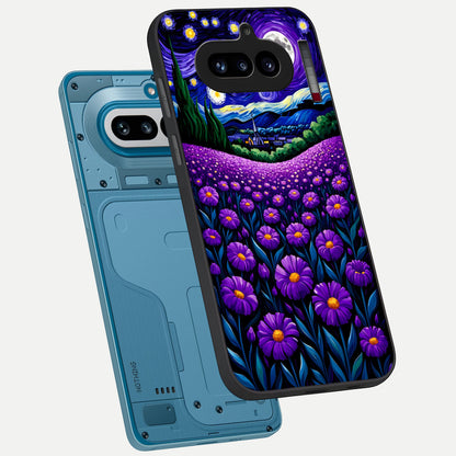  Lavender Moon Field phone case For Nothing Phone 4A showing premium glass back cover with detailed artwork