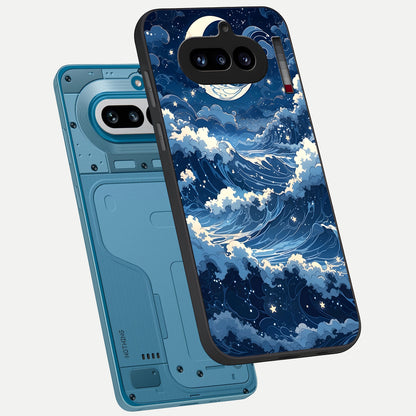  Ocean Moon Waves phone case For Nothing Phone 4A showing premium glass back cover with detailed artwork