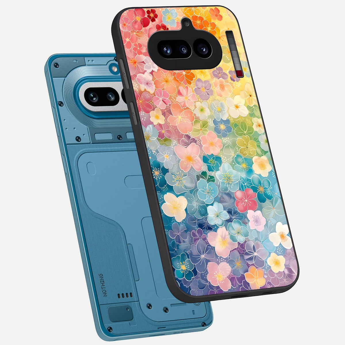  Rainbow Blossom Burst phone case For Nothing Phone 4A showing premium glass back cover with detailed artwork