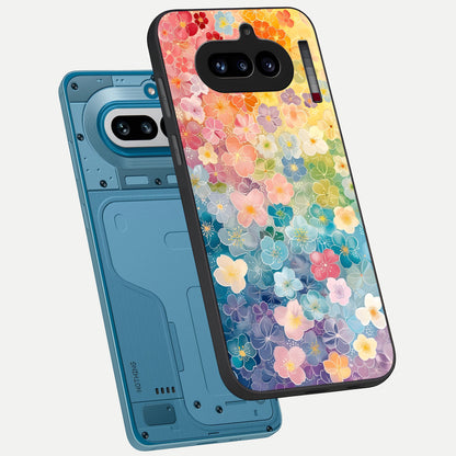  Rainbow Blossom Burst phone case For Nothing Phone 4A showing premium glass back cover with detailed artwork