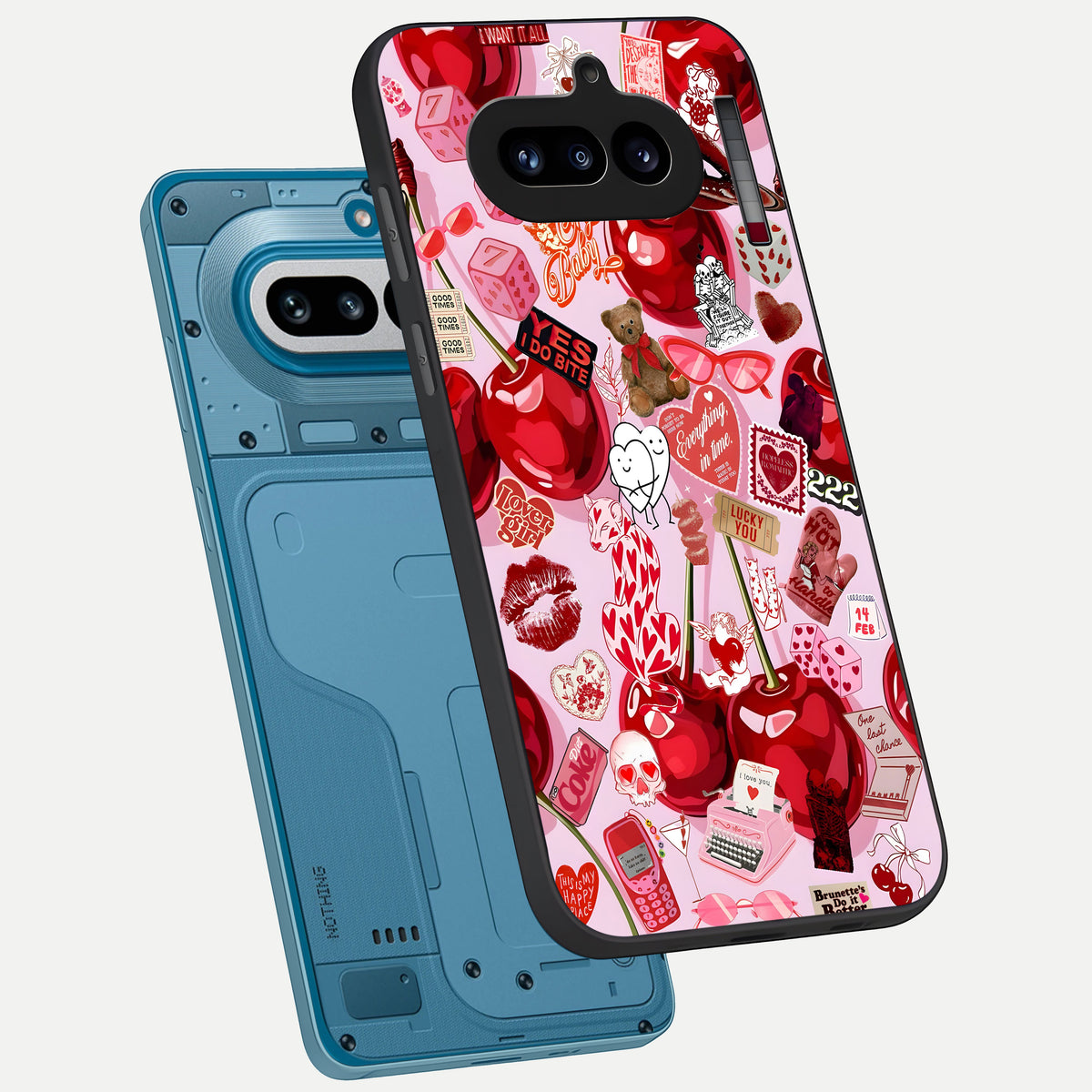  Sweet Cherry Chaos phone case For Nothing Phone 4A showing premium glass back cover with detailed artwork