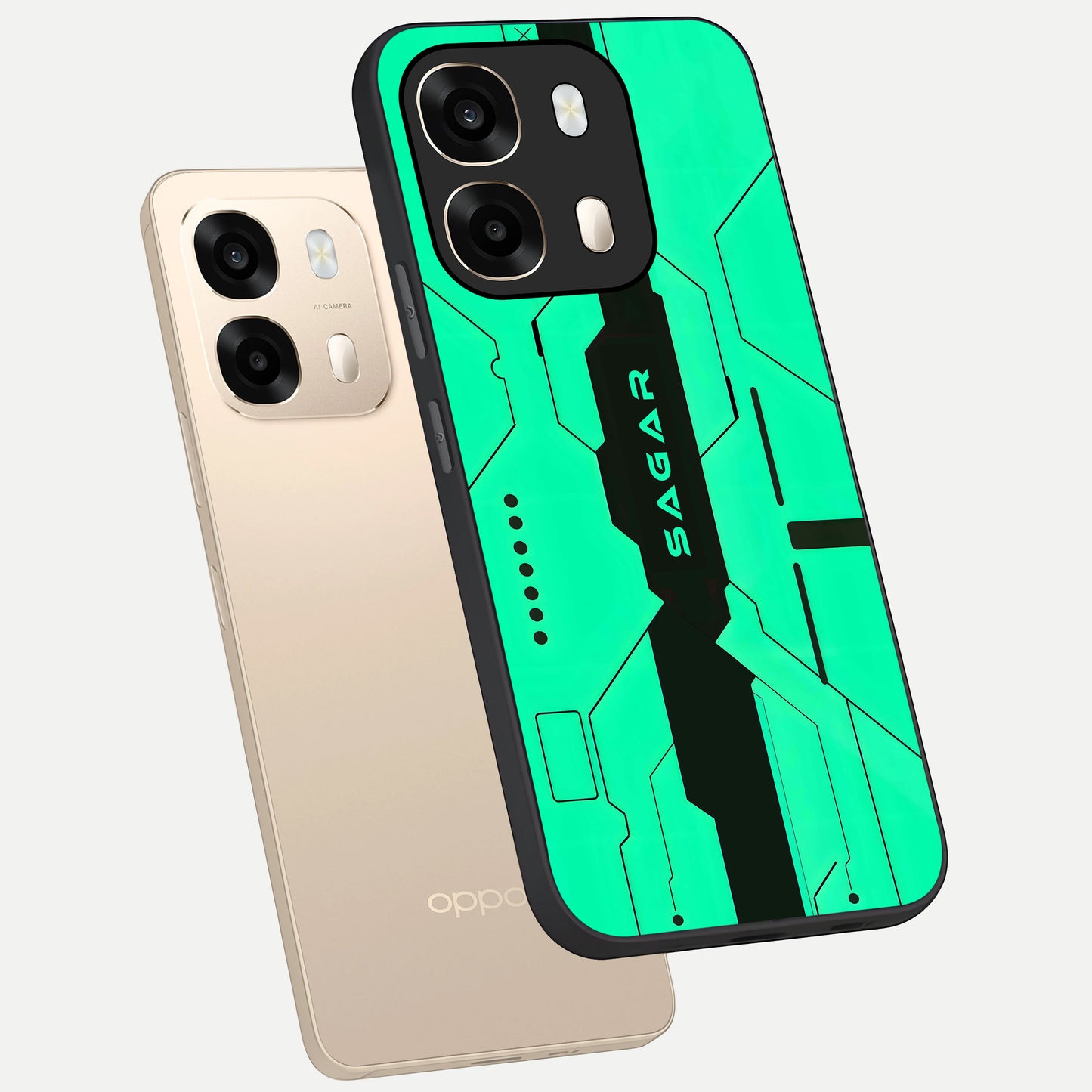  Aqua Tech CYBERPUNK Custom Name phone case For Oppo A6  showing premium glass back cover with detailed artwork