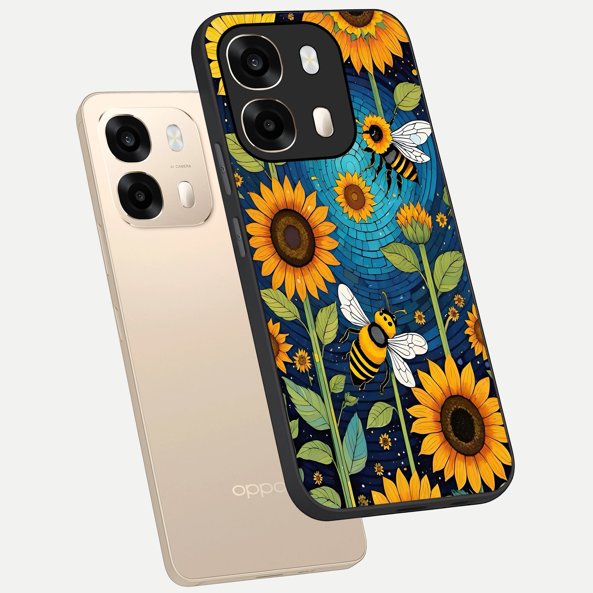  Bees And Sunflowers phone case For Oppo A6  showing premium glass back cover with detailed artwork