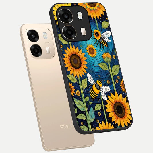  Bees And Sunflowers phone case For Oppo A6  showing premium glass back cover with detailed artwork