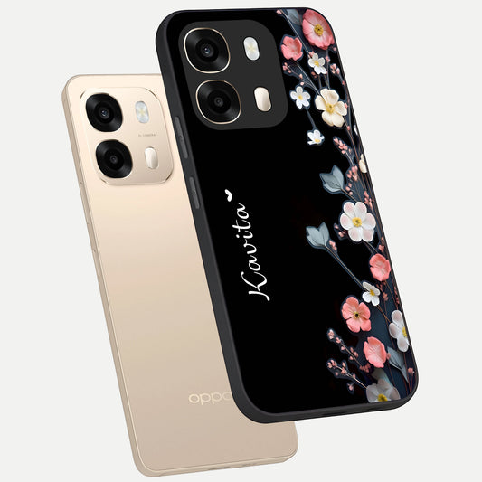  Black Elegance Floral Custom Name phone case For Oppo A6  showing premium glass back cover with detailed artwork