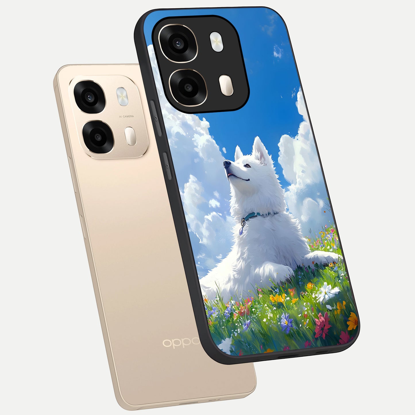  Blissful Cloud Pup phone case For Oppo A6  showing premium glass back cover with detailed artwork