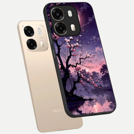  Blossom Pink Moon phone case For Oppo A6  showing premium glass back cover with detailed artwork