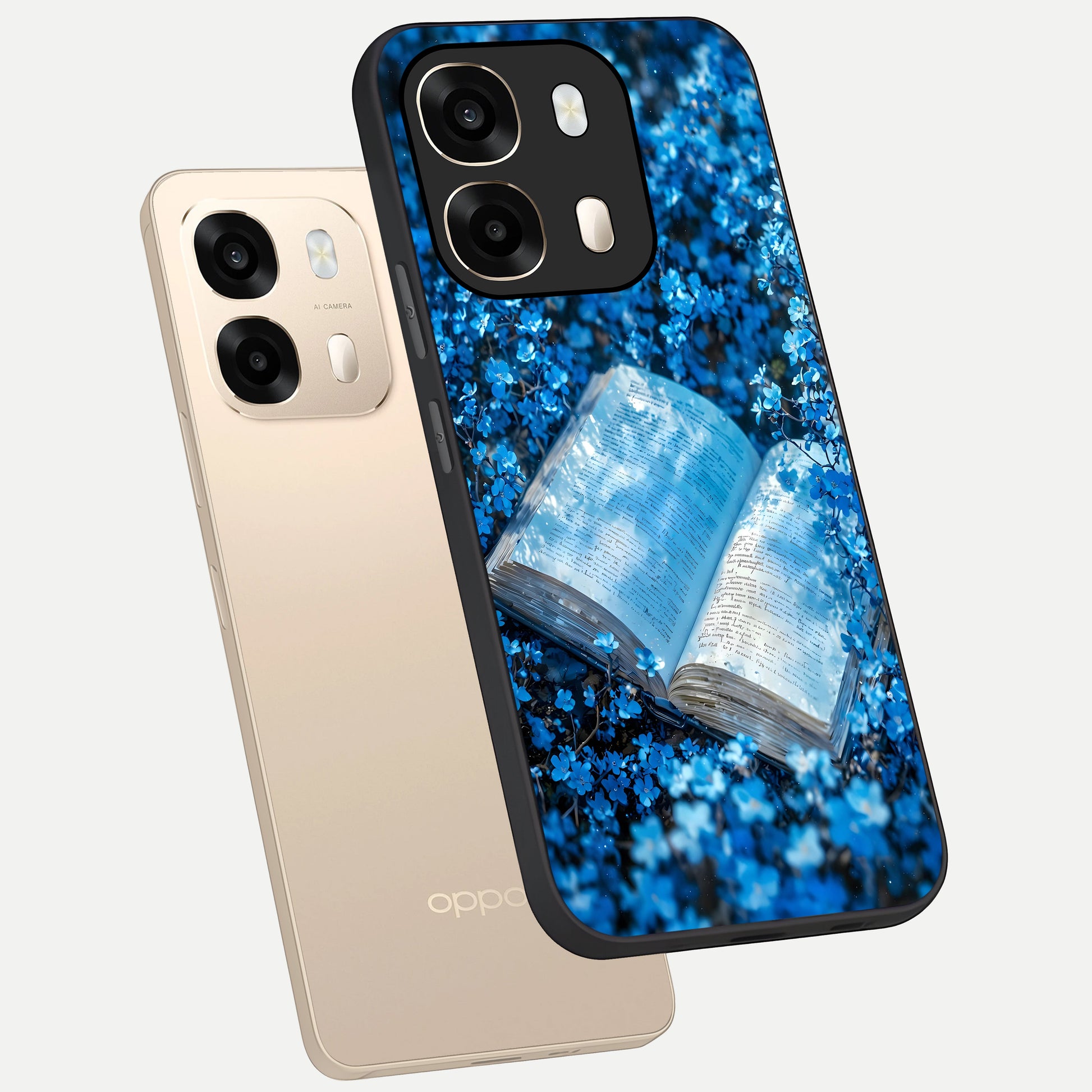  Blue Bloom Tales phone case For Oppo A6  showing premium glass back cover with detailed artwork