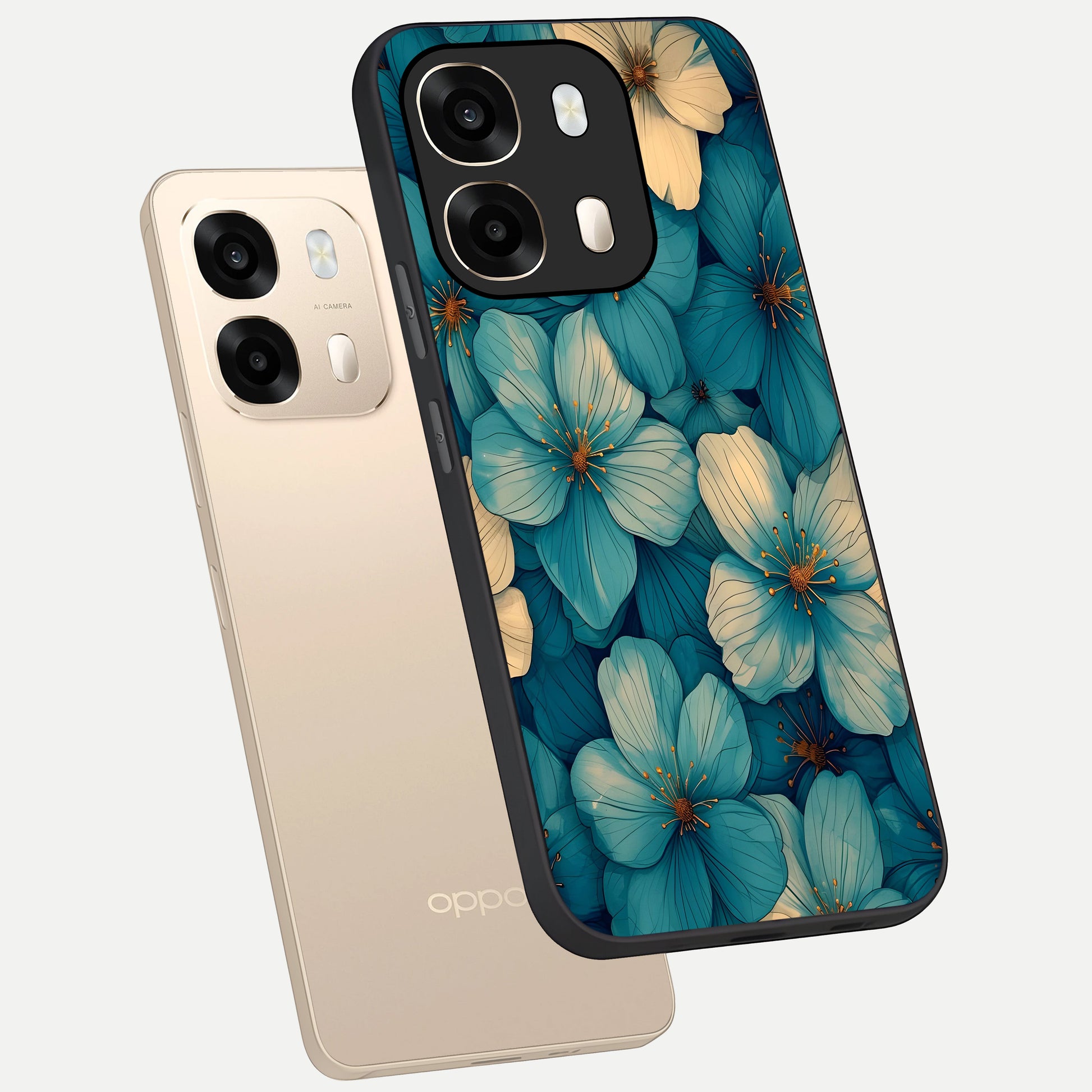  Blue Shade Floral phone case For Oppo A6  showing premium glass back cover with detailed artwork