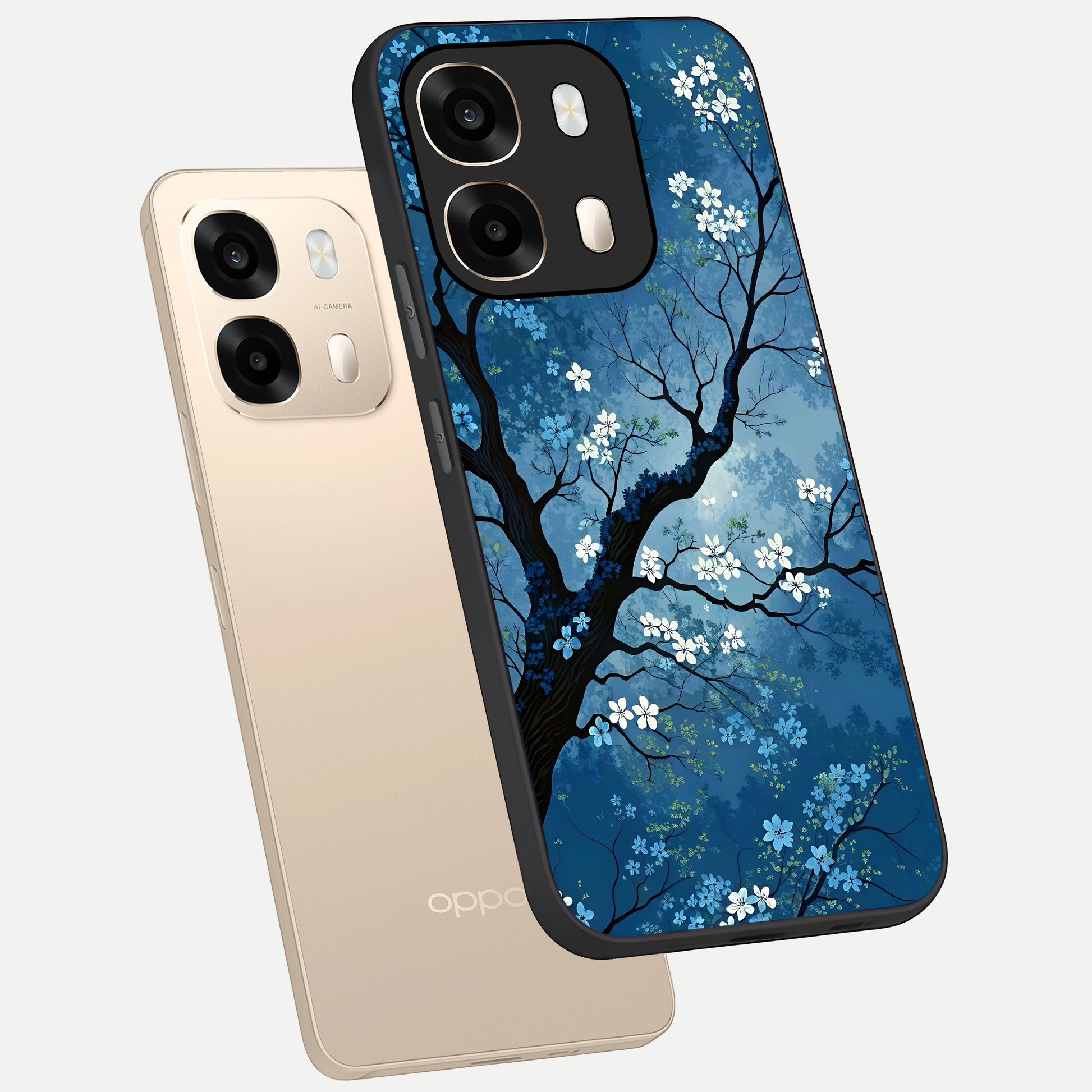  Blue Tree Serenity phone case For Oppo A6  showing premium glass back cover with detailed artwork