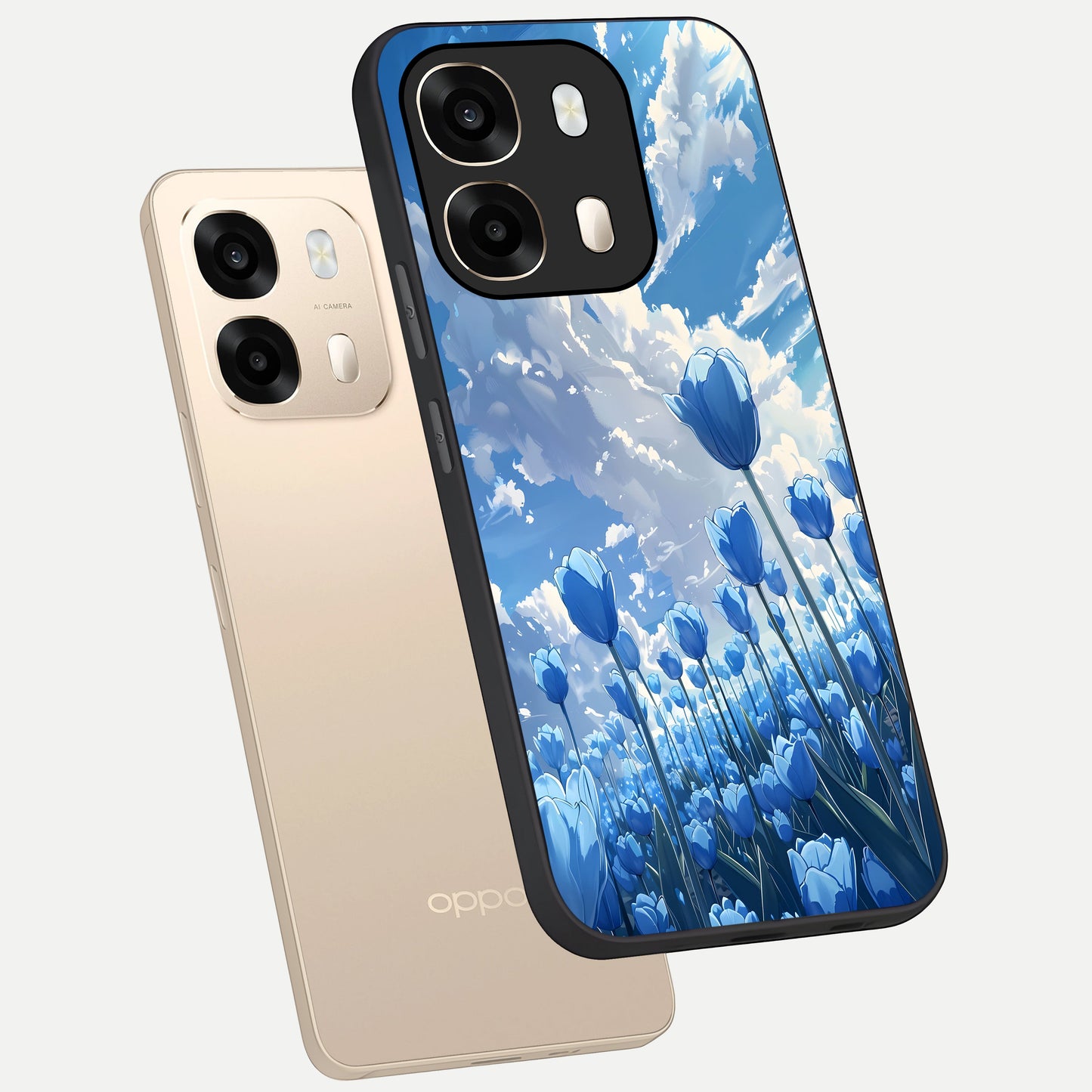  Blue Tulip Clouds phone case For Oppo A6  showing premium glass back cover with detailed artwork