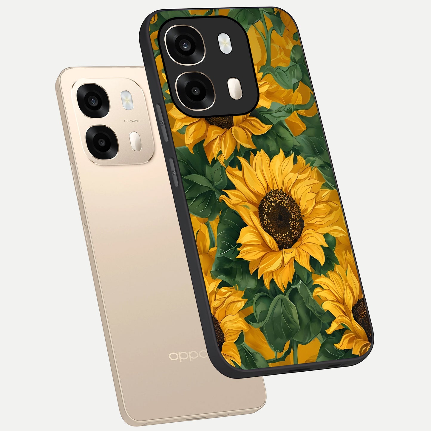  Bright Sunflower Bloom phone case For Oppo A6  showing premium glass back cover with detailed artwork