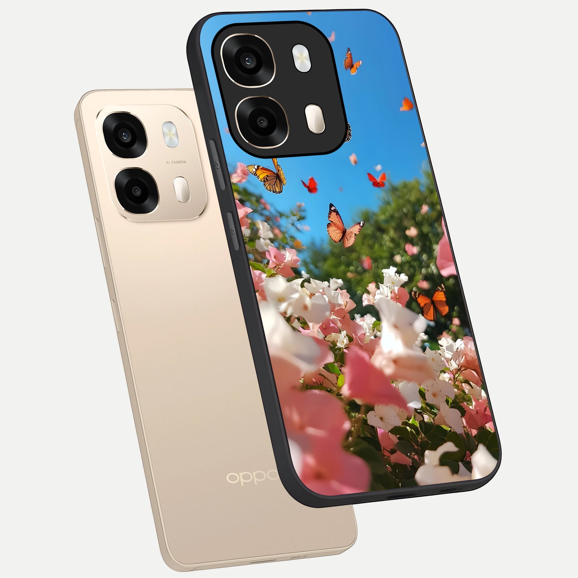  Butterflies In Bloom Sky phone case For Oppo A6  showing premium glass back cover with detailed artwork
