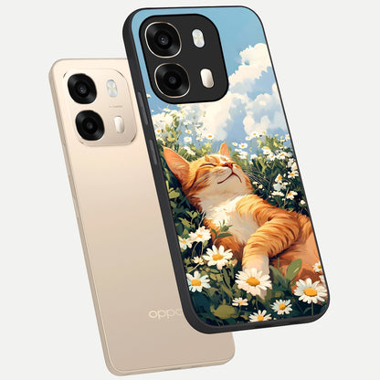  Cat And Flowers View phone case For Oppo A6  showing premium glass back cover with detailed artwork