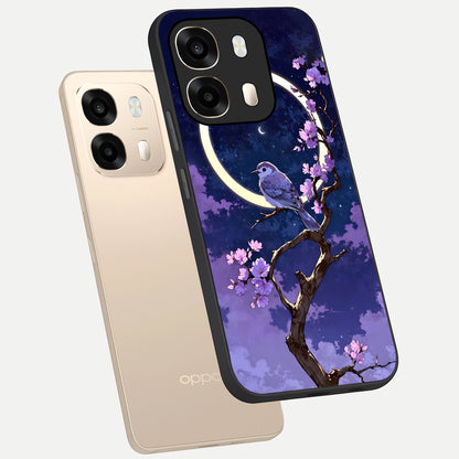  Celestial Bird Blossom phone case For Oppo A6  showing premium glass back cover with detailed artwork