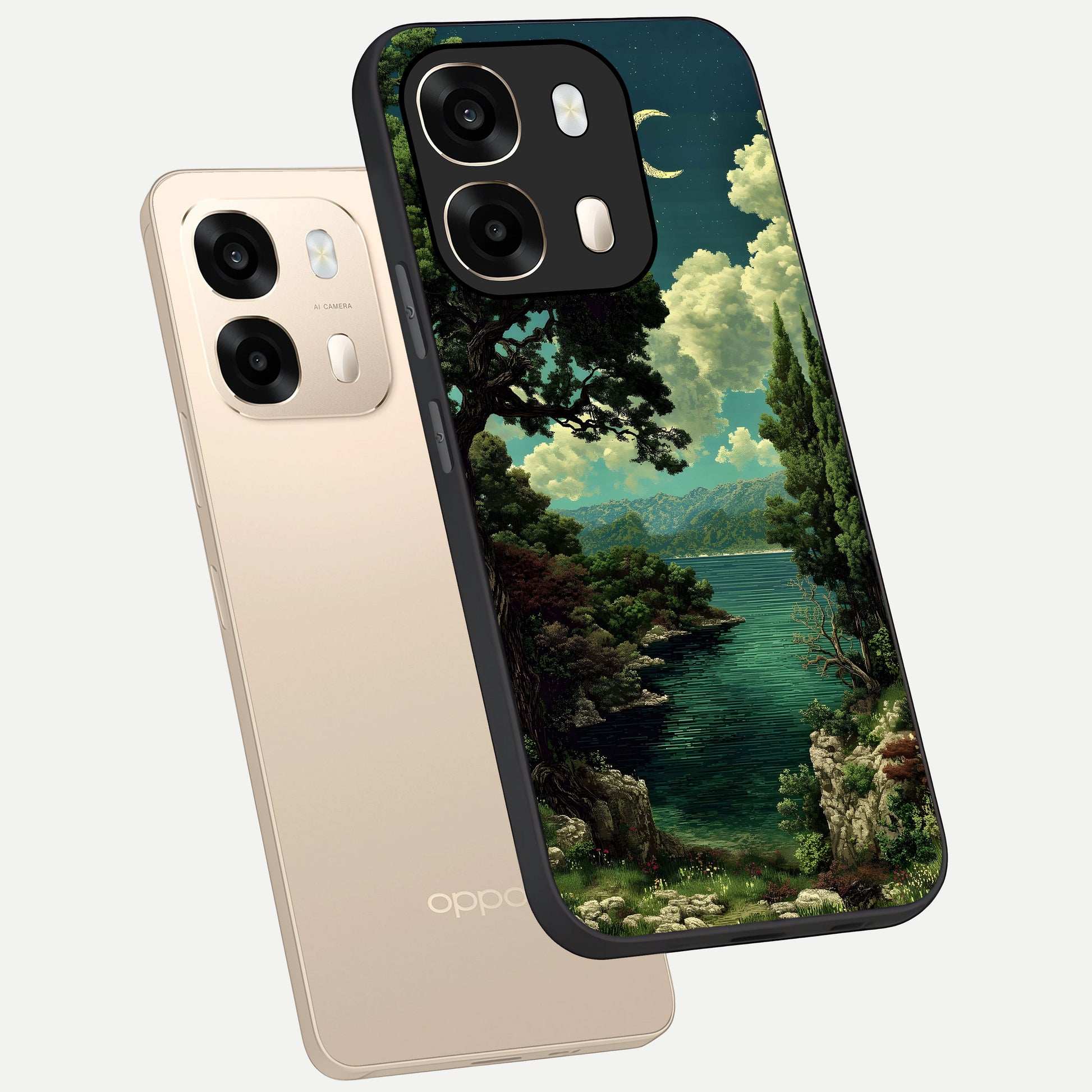  Celestial Lake Peace phone case For Oppo A6  showing premium glass back cover with detailed artwork