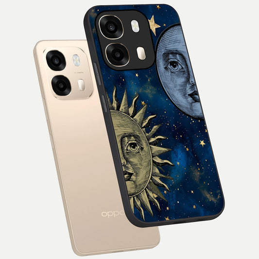 Celestial Moon With Sun phone case For Oppo A6  showing premium glass back cover with detailed artwork