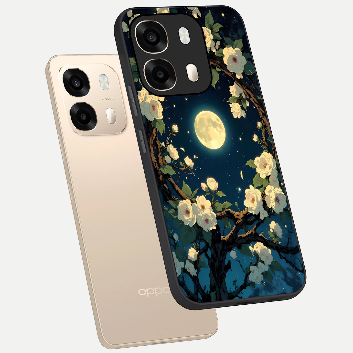  Celestial Moon And Flower phone case For Oppo A6  showing premium glass back cover with detailed artwork