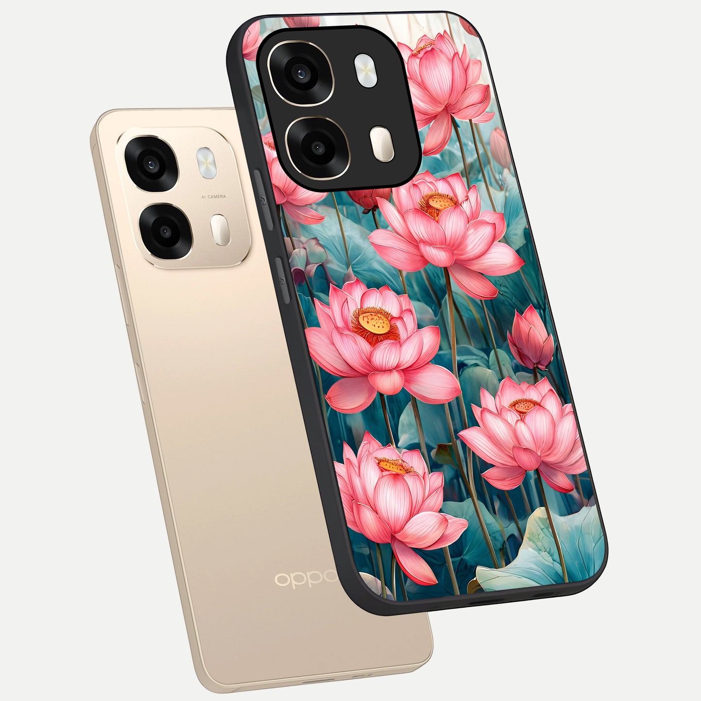  Celestial Pink Lotus phone case For Oppo A6  showing premium glass back cover with detailed artwork