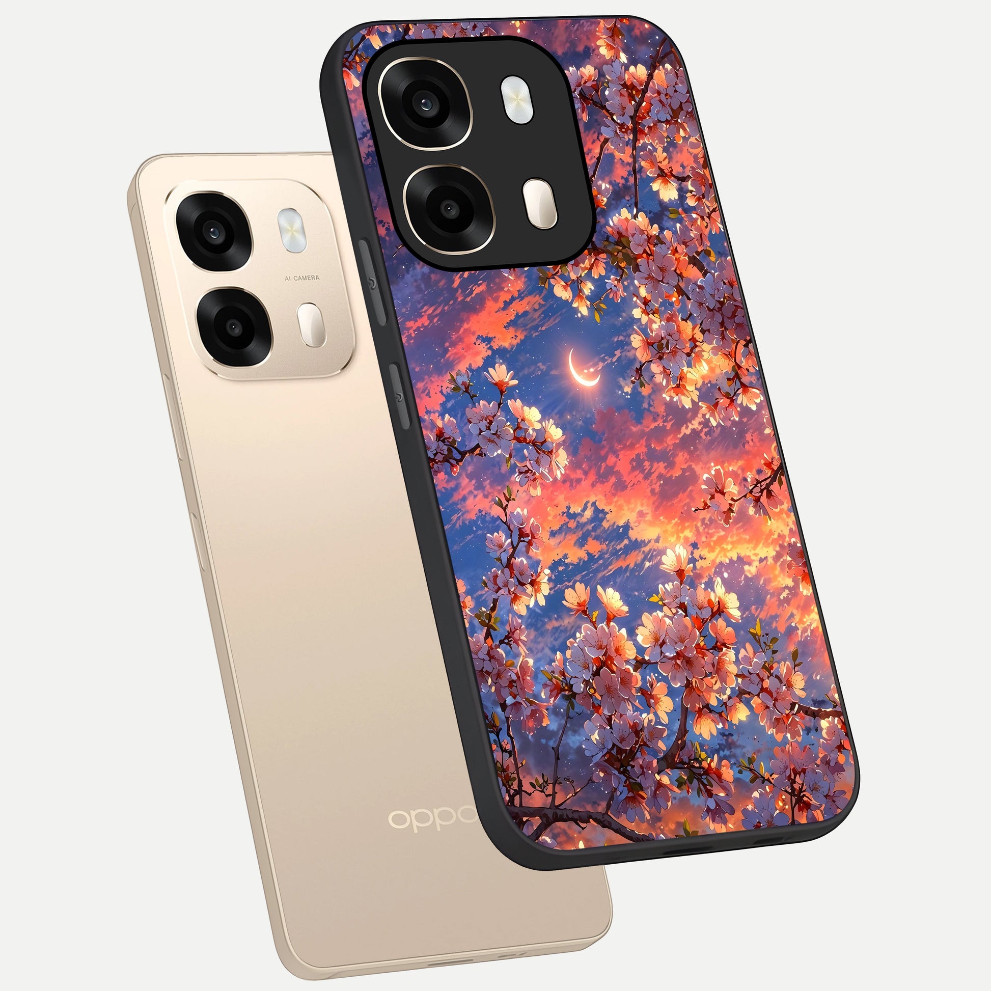  Celestial Sakura Sunset phone case For Oppo A6  showing premium glass back cover with detailed artwork