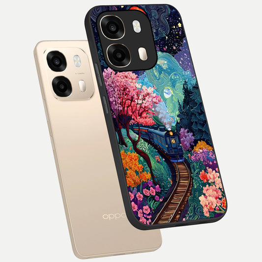  Celestial Train Journey phone case For Oppo A6  showing premium glass back cover with detailed artwork