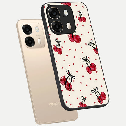  Cherry Heart Bow phone case For Oppo A6  showing premium glass back cover with detailed artwork