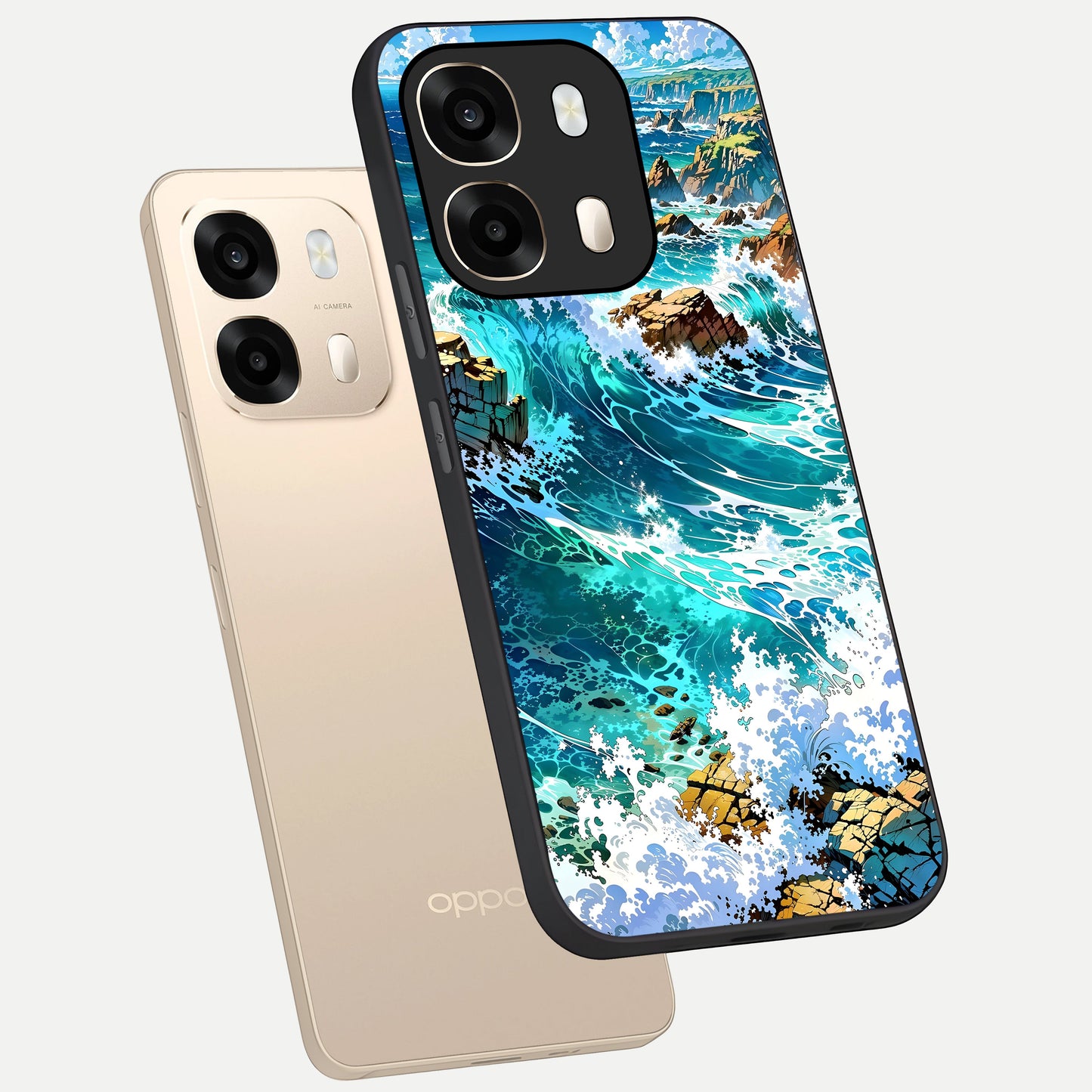  Coastal Blue Waves phone case For Oppo A6  showing premium glass back cover with detailed artwork
