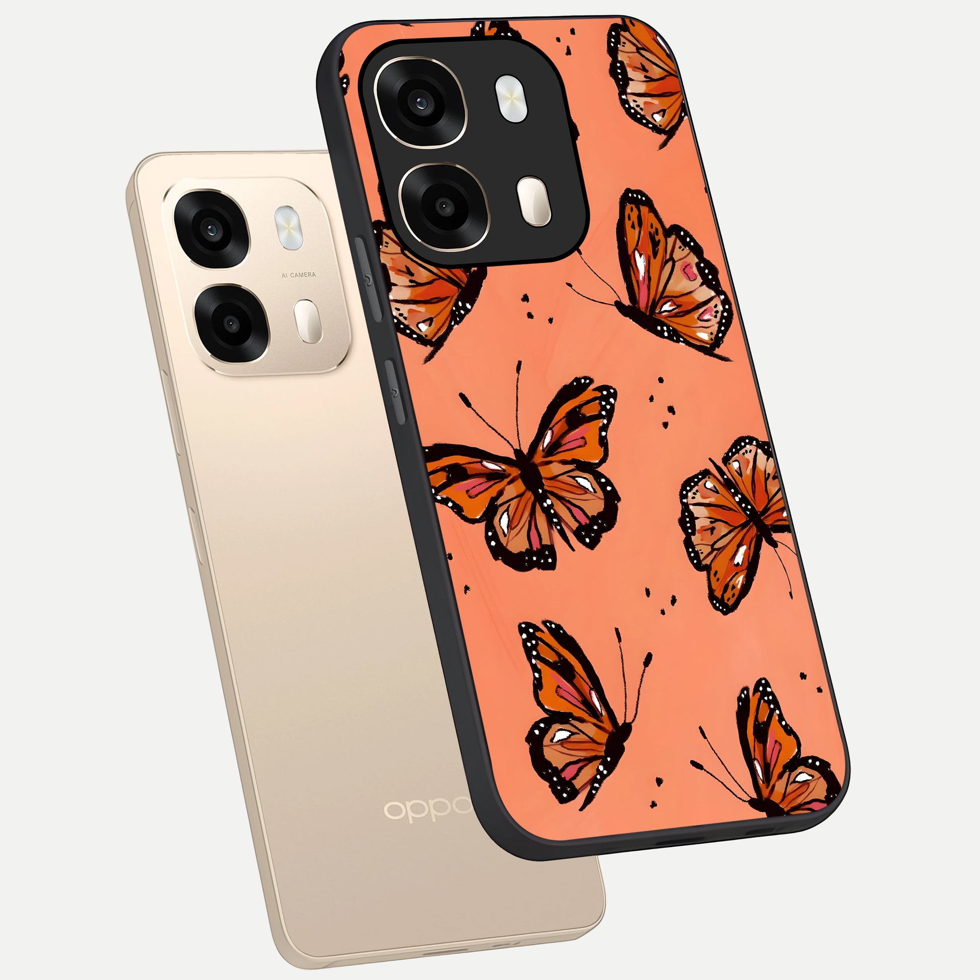  Coral Wing Butterfly phone case For Oppo A6  showing premium glass back cover with detailed artwork