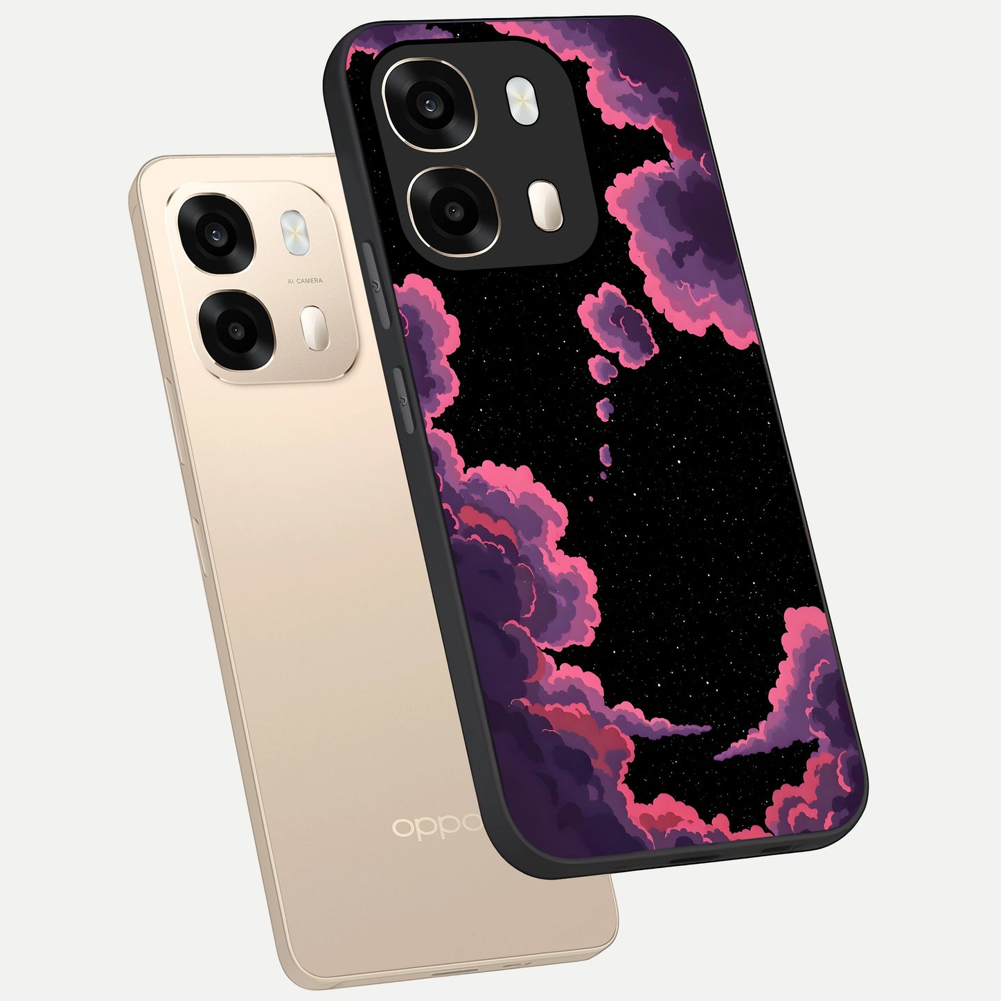  Cosmic Cloud Journey phone case For Oppo A6  showing premium glass back cover with detailed artwork