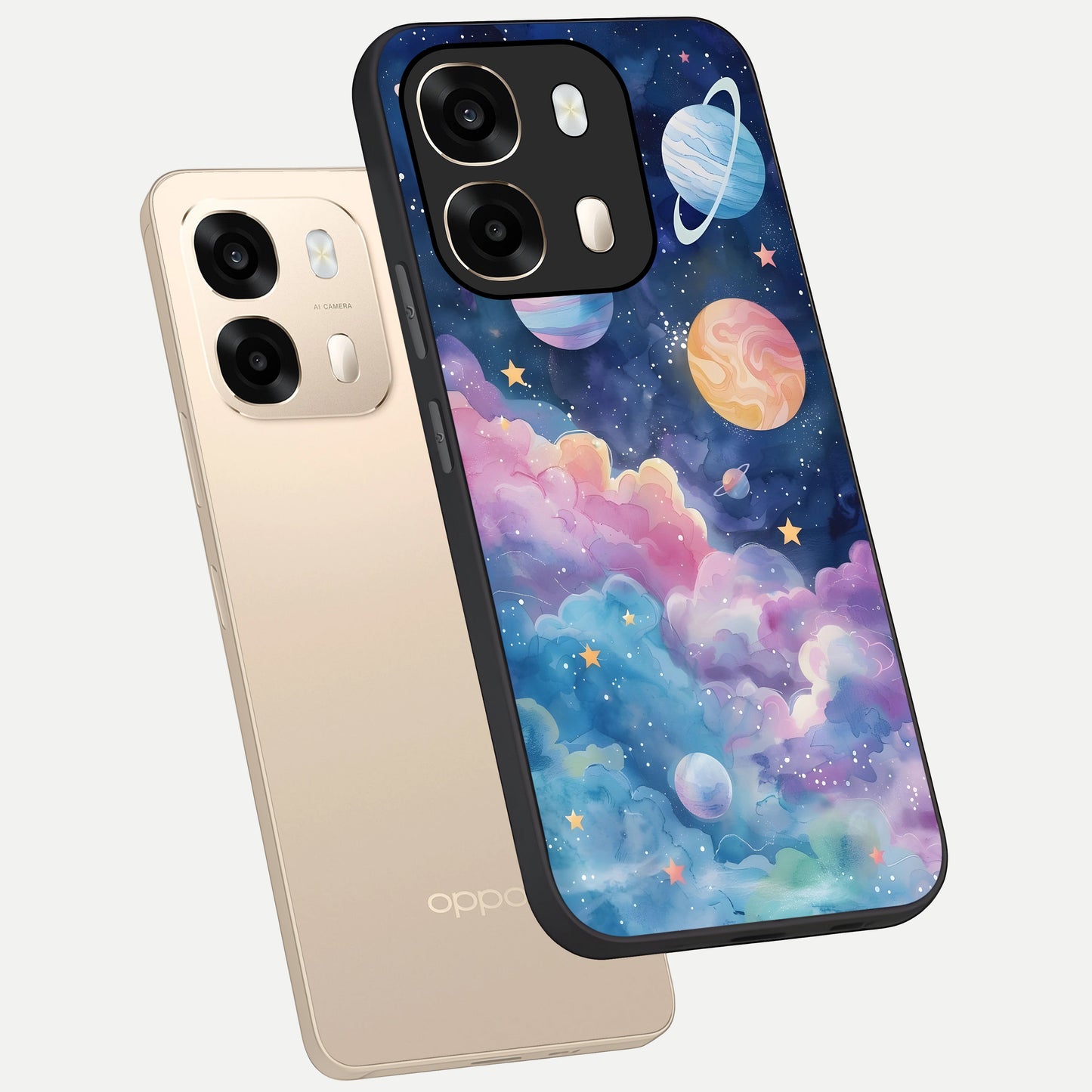  Cosmic Planet Dreams phone case For Oppo A6  showing premium glass back cover with detailed artwork