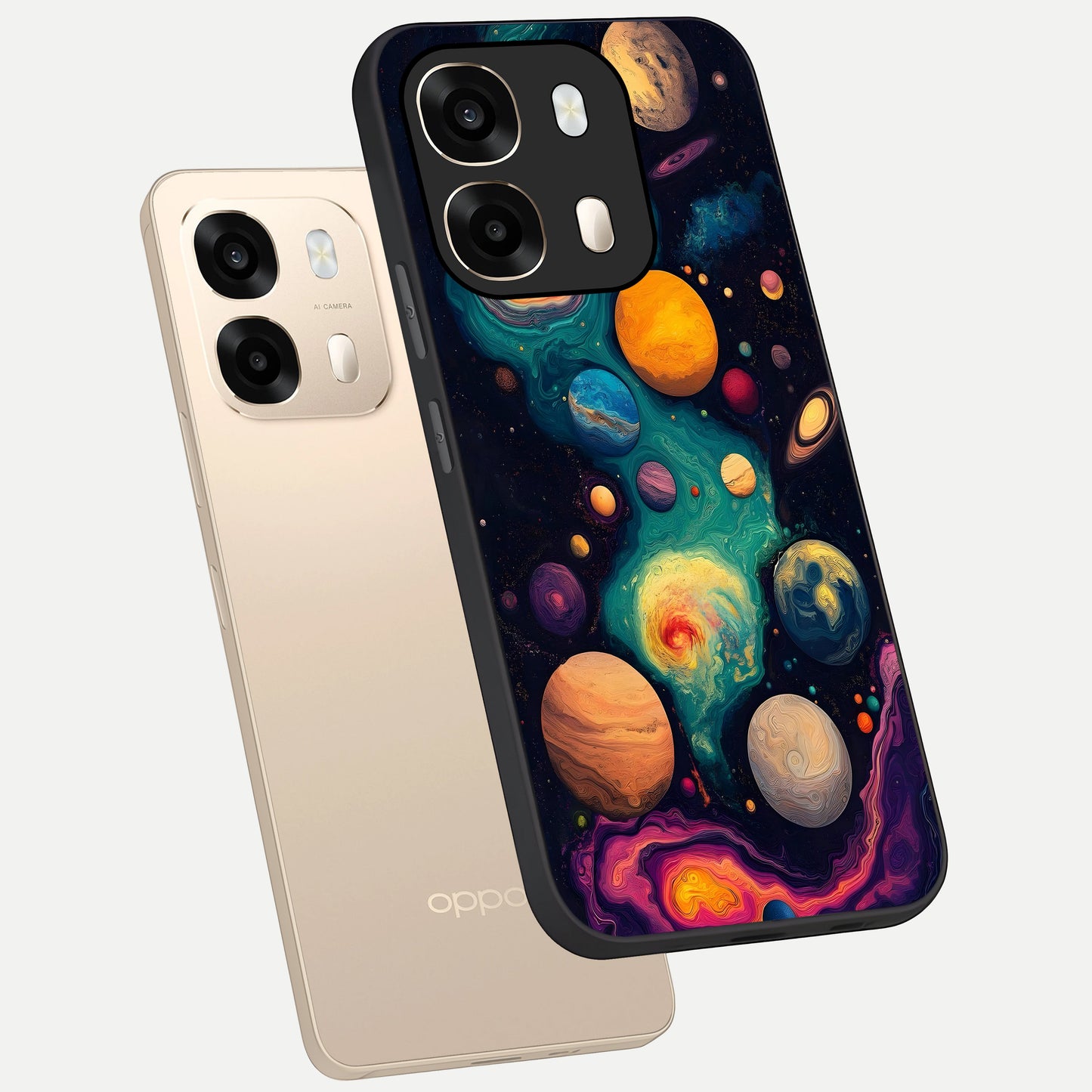  Cosmic Planet Journey phone case For Oppo A6  showing premium glass back cover with detailed artwork