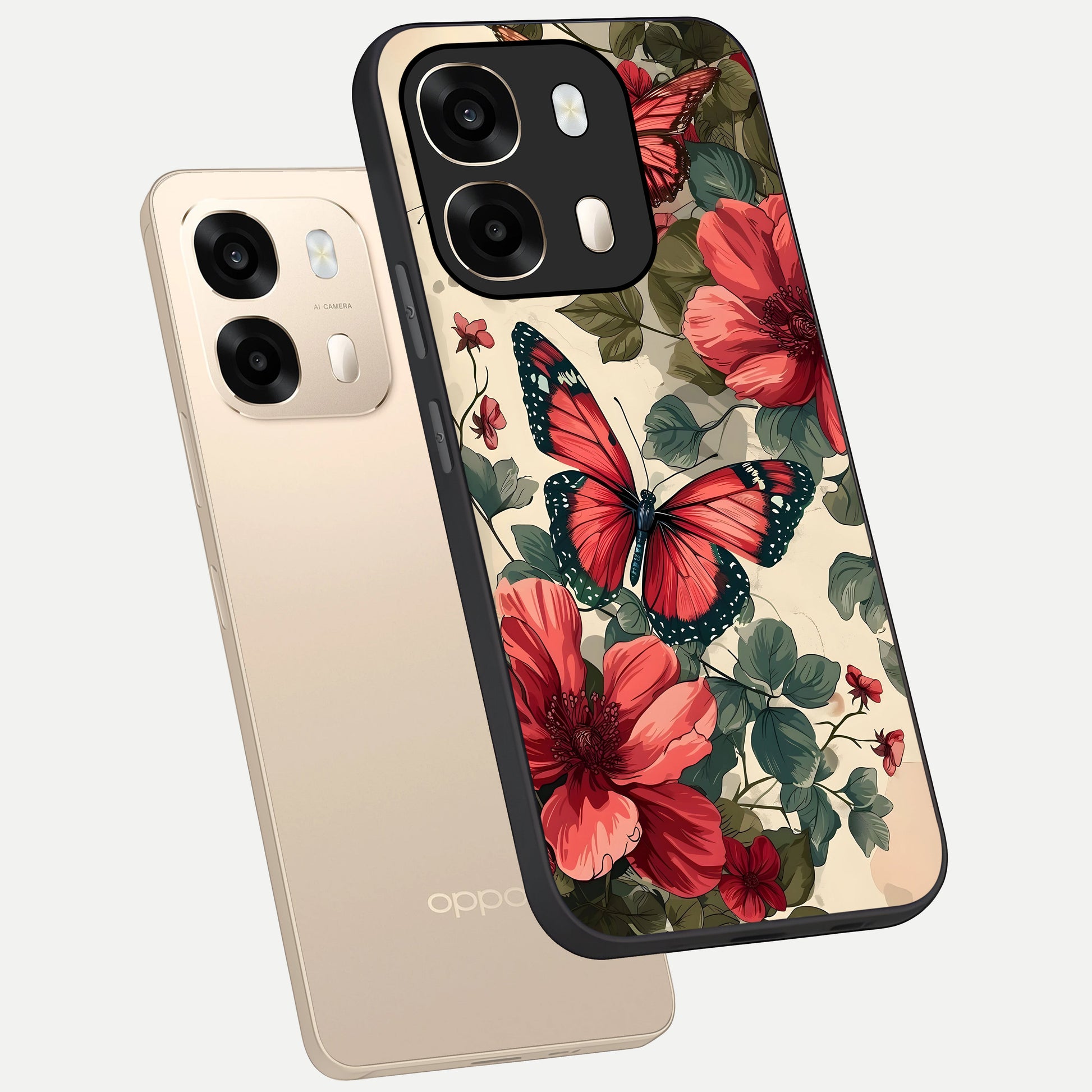  Crimson Butterfly Garden phone case For Oppo A6  showing premium glass back cover with detailed artwork