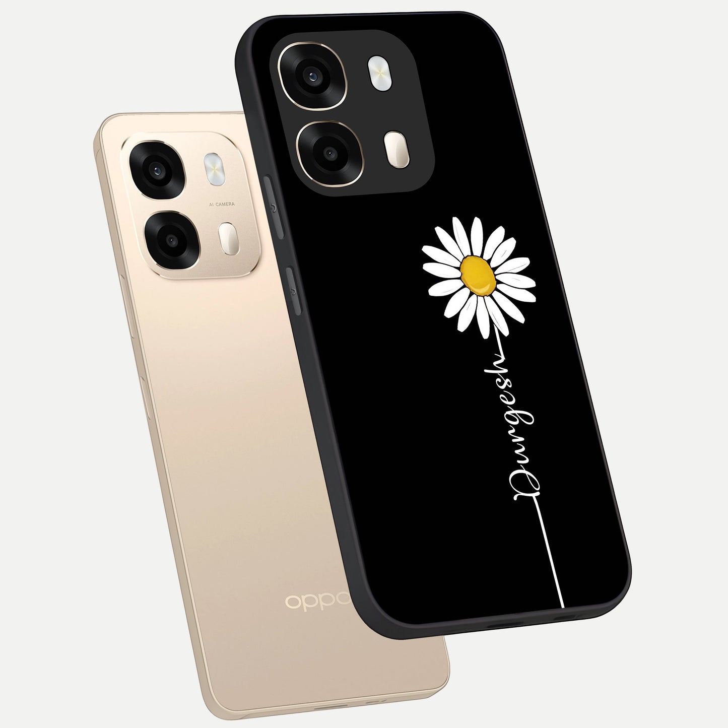 Custom Name White Flower phone case For Oppo A6  showing premium glass back cover with detailed artwork