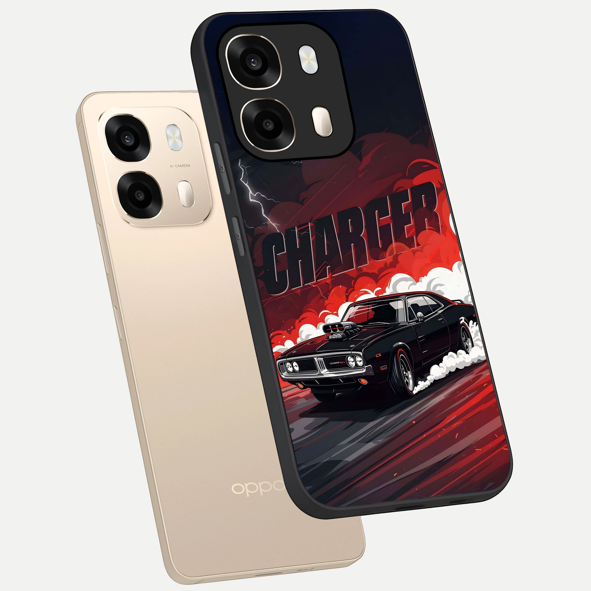  Dark Charger Fury phone case For Oppo A6  showing premium glass back cover with detailed artwork