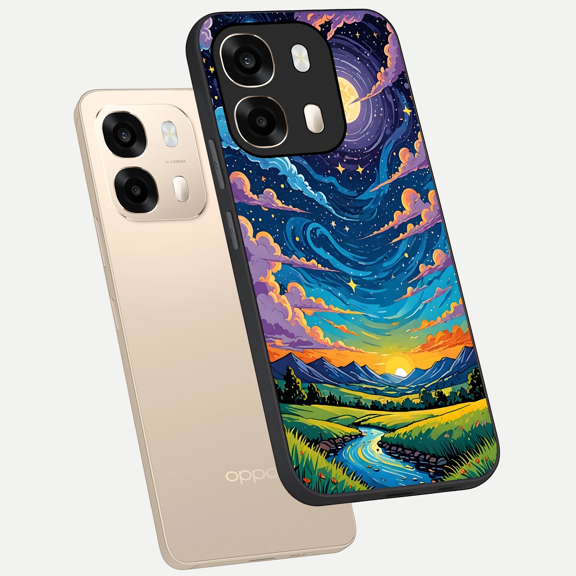  Dreamy Night Landscape phone case For Oppo A6  showing premium glass back cover with detailed artwork
