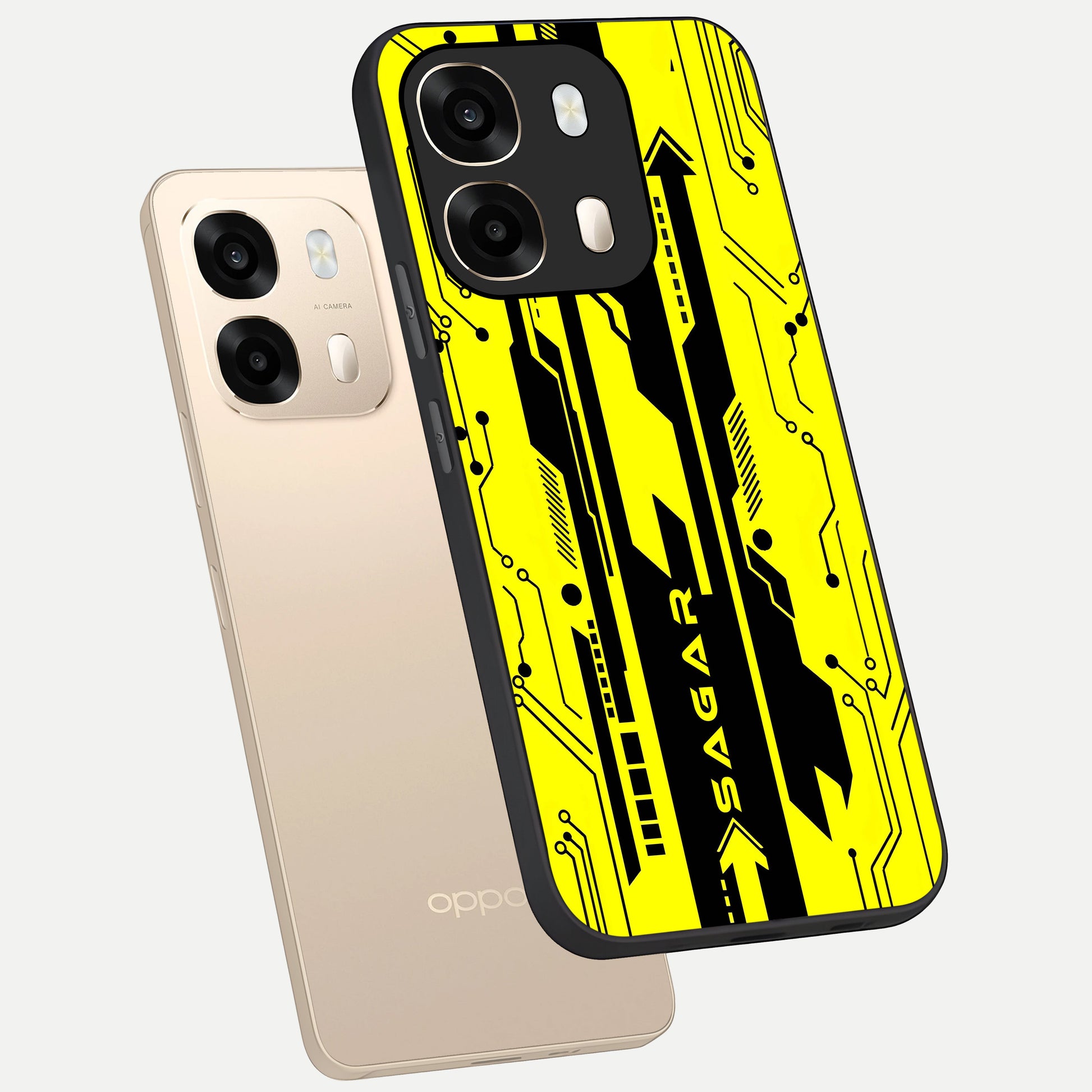 Electric Pulse CYBERPUNK Custom Name phone case For Oppo A6  showing premium glass back cover with detailed artwork