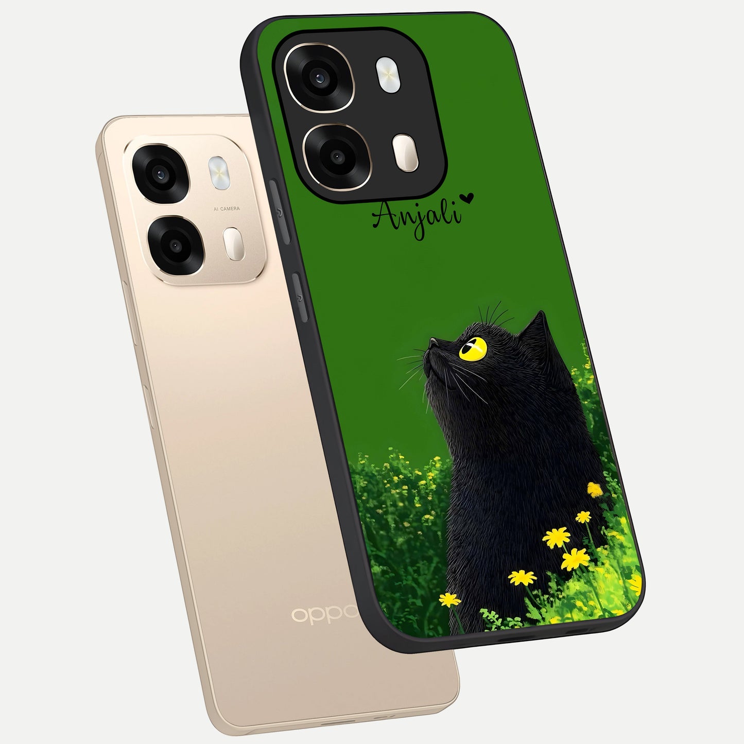  Emerald Cat Custom Name phone case For Oppo A6  showing premium glass back cover with detailed artwork