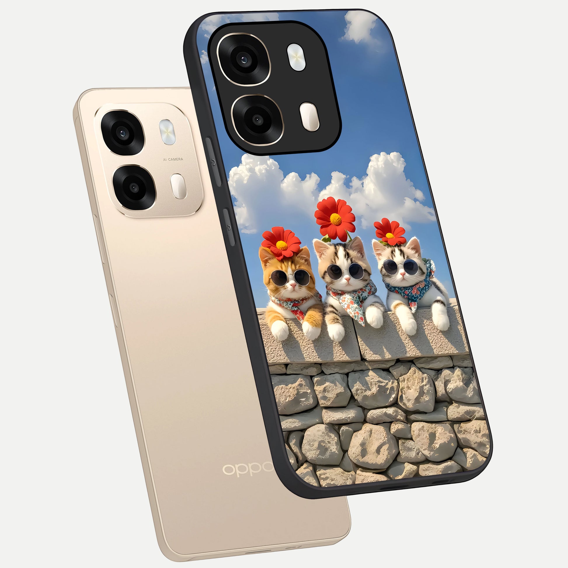  Floral Kitty Squad phone case For Oppo A6  showing premium glass back cover with detailed artwork