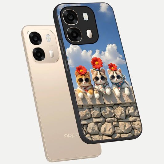  Floral Kitty Squad phone case For Oppo A6  showing premium glass back cover with detailed artwork