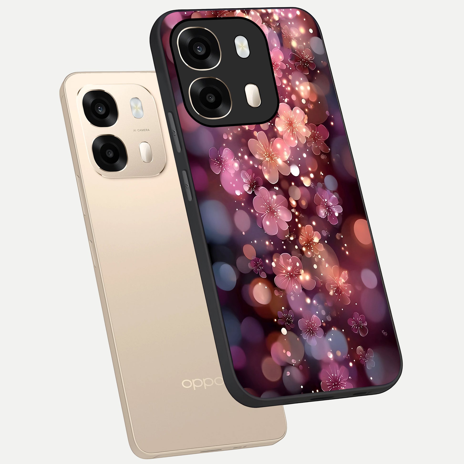  Glowing Petal Bliss phone case For Oppo A6  showing premium glass back cover with detailed artwork
