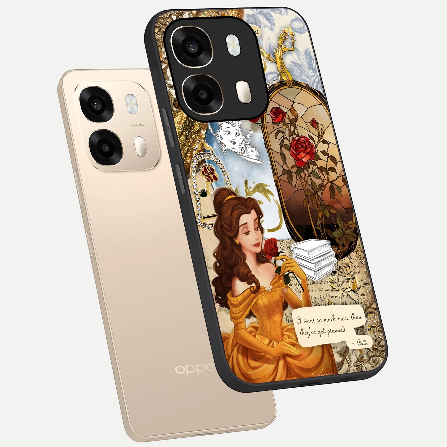  Golden Dream Belle phone case For Oppo A6  showing premium glass back cover with detailed artwork