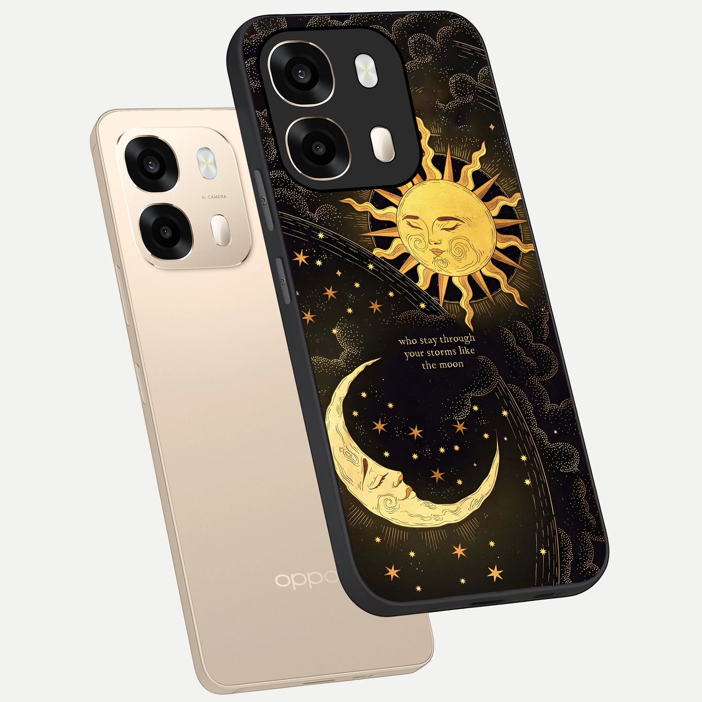  Golden Lunar Love phone case For Oppo A6  showing premium glass back cover with detailed artwork