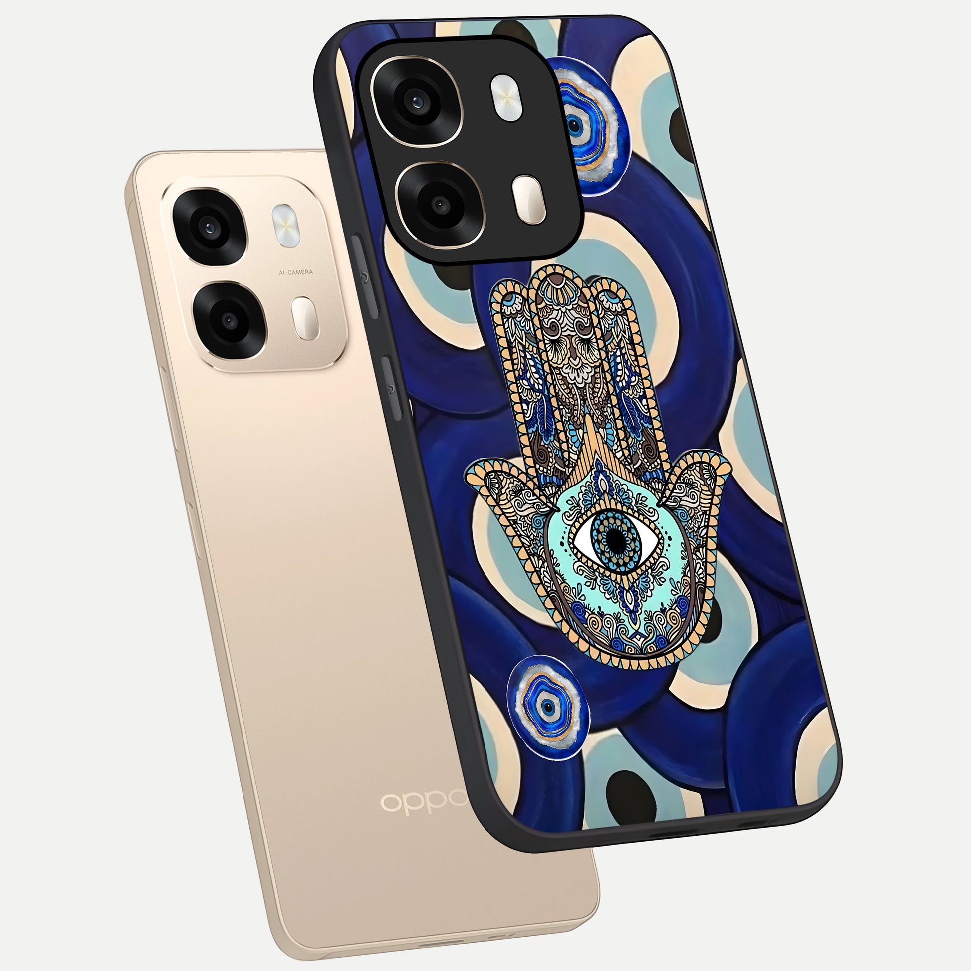  Hamsa Divine Guard phone case For Oppo A6  showing premium glass back cover with detailed artwork